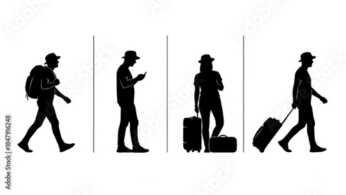 Black Silhouette Tourist Vector Carrying Luggage and Walking with Trolley