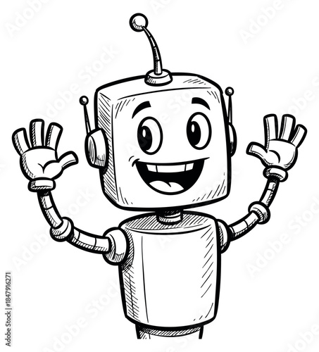 Cute robot character with antenna waving hands hand drawn outline illustration