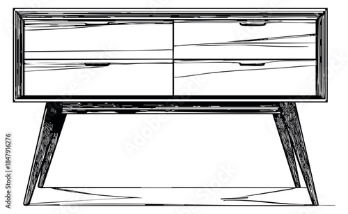 Wooden sideboard with drawers hand drawn outline illustration