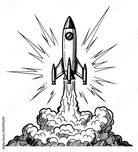 Vintage rocket launch illustration with smoke and sparks hand drawn sketch