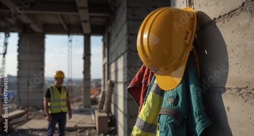 construction worker's safety helmet and high-visibility clothing hanging on a concrete wall at a building site with blurred worker in background.