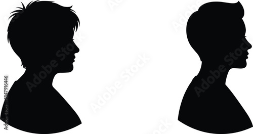 Male and female profile silhouettes illustration, human face side view portraits, minimal people heads collection, gender contrast concept, isolated black vector design