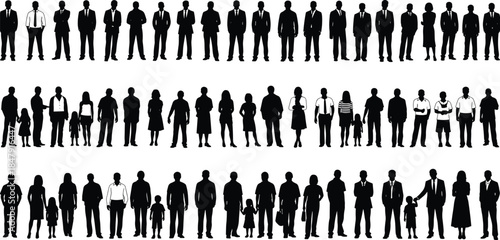 Large people silhouettes collection, men women children families and business figures standing together, diverse society crowd concept, isolated black vector illustration