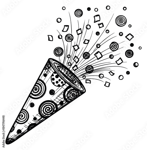 Celebration party popper icon set with confetti and streamers hand drawn outline illustration