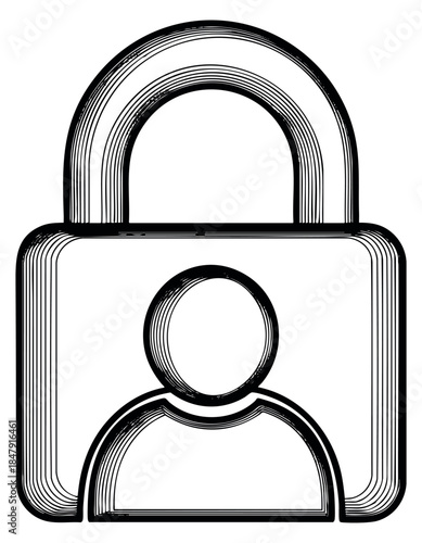 Simple user lock icon with padlock and person silhouette black and white line art