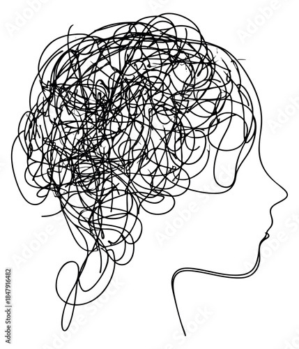 Modern human head icon with tangled lines minimal line art