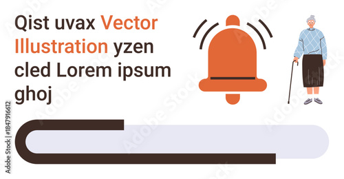 Elderly care, safety alerts, independent living, senior health, warning systems, caregiving support. Senior person standing with walking cane and alarm bell symbol. Elderly care and safety alerts