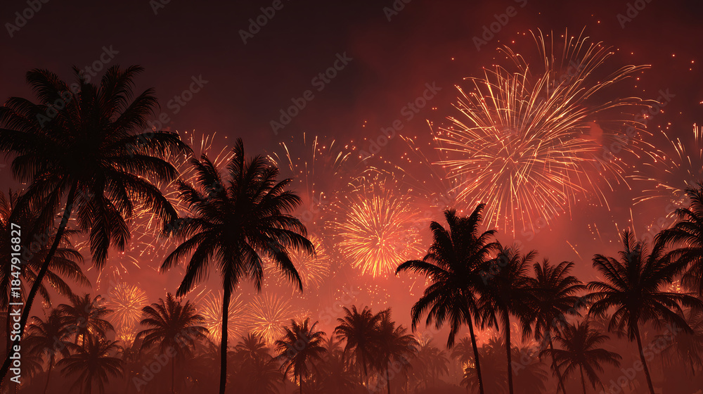 Fototapeta premium Fireworks display illuminating the night sky with palm trees in silhouette, a stunning scene of celebration