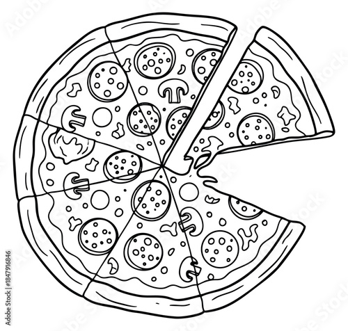 Pizza icon set with pepperoni and mushrooms hand drawn outline illustration