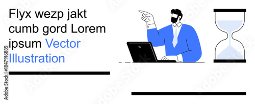 Time management, productivity, deadlines, business strategy, urgency, planning. A professional at a laptop pointing towards an hourglass. Time management and productivity concept