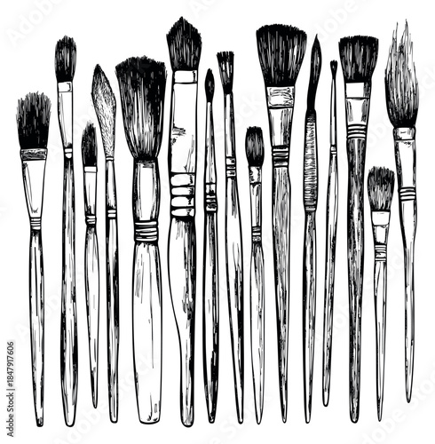 Hand drawn paintbrush set with various brush shapes black and white line art