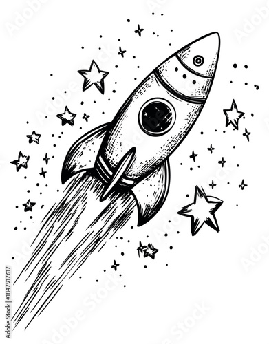 Rocket ship with stars hand drawn sketch