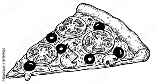 Pizza slice illustration with tomato, olive and mushroom hand drawn outline illustration