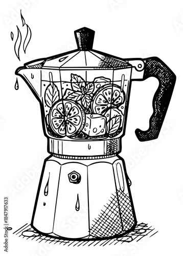 Hand drawn moka pot with lemon slices and mint leaves illustration