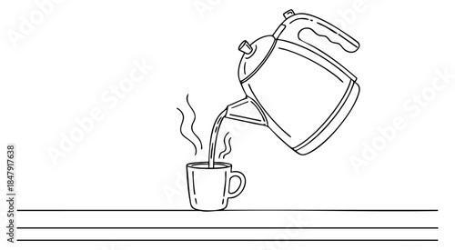 Simple electric kettle and cup set with steam line art
