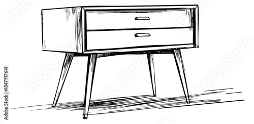 Simple mid-century nightstand with drawers hand drawn sketch