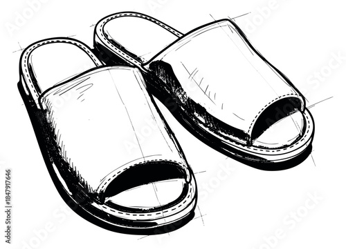 Simple slipper pair set with open toe hand drawn outline illustration