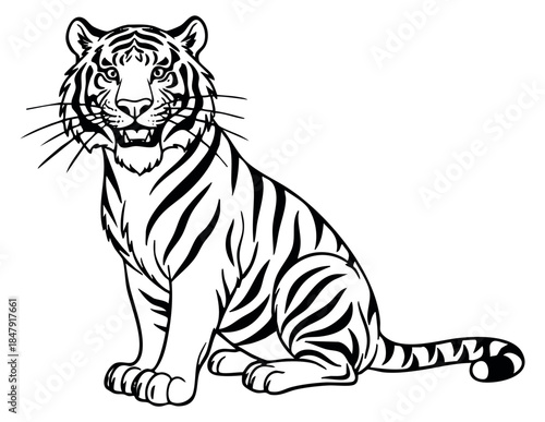 Simple tiger illustration with stripes black and white line art