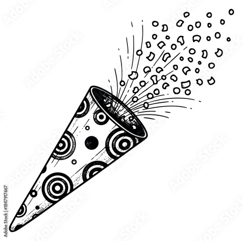 Vintage party popper icon with confetti and sparkles hand drawn sketch