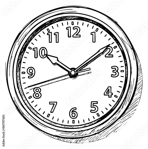 Hand drawn wall clock with numbers and hands hand drawn sketch