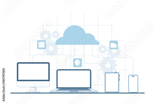 Cloud computing technology concept with digital devices connected to cloud servers. Vector illustration for data storage, cloud network, IT infrastructure, and digital transformation.