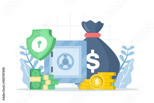 Financial security concept showing a safety box with gold coins on isolated background. Digital marketing illustration for secure investment, wealth protection, and financial management.