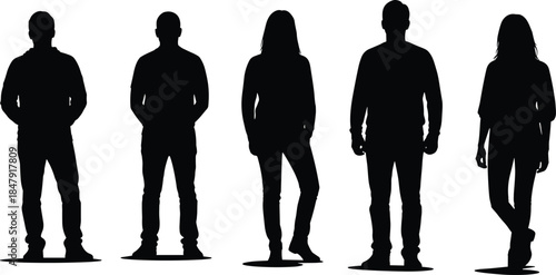 People silhouettes standing illustration, casual men and women full body poses, modern human figures collection, lifestyle characters concept, isolated black vector design