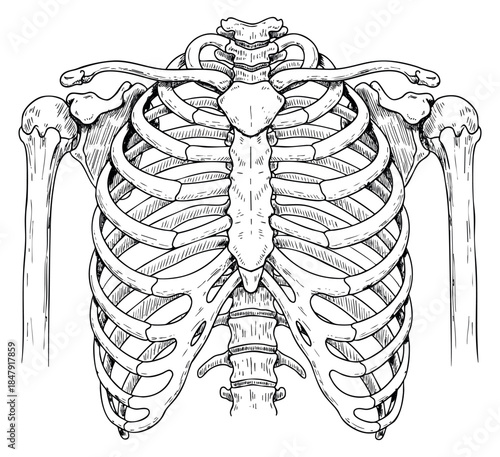 Vintage human rib cage and shoulder bones illustration with clavicle and spine hand drawn outline illustration