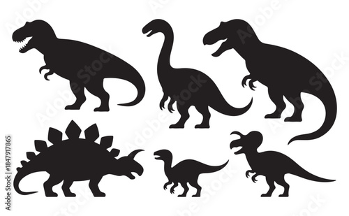 Dinosaur silhouette icon pack with prehistoric reptiles for education and science design