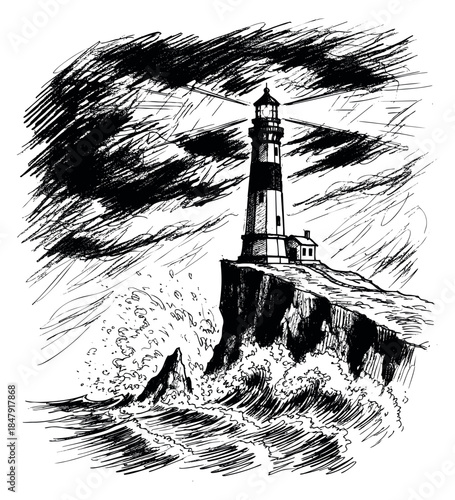 Hand drawn lighthouse sketch with cliff and waves