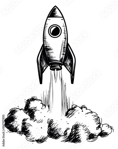 Hand drawn rocket launch with smoke sketch