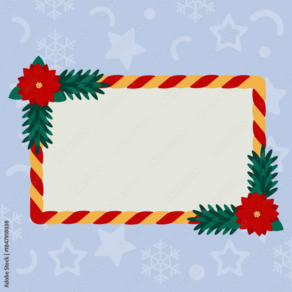 Obraz premium Rectangular Christmas frame with red and yellow stripes, decorated with poinsettia flowers and pine branches. Frame with empty space for festive text and designs
