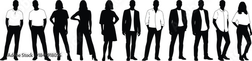 Silhouettes of diverse people standing in a row, representing unity, anonymity, diversity, teamwork, and modern group dynamics in black-and-white style