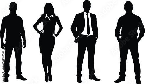 Professional business people silhouettes set, men and woman standing confident poses, corporate leadership concept, isolated black vector illustration for branding, presentation, recruitment use