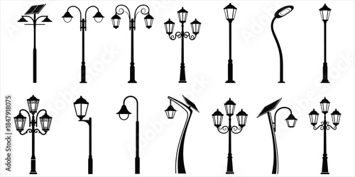 Assortment of black silhouette street lamps and lampposts with solar panels Keywords: street lamp, lamppost, light, lighting