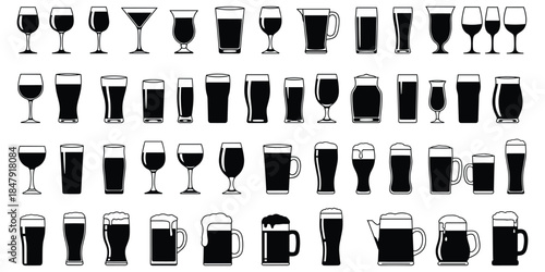 Assortment of black silhouette icons of various drinking glasses and beer mugs beverage alcohol