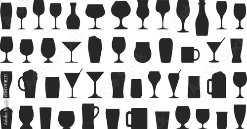 Assortment of Drink Glasses and Bottles Silhouettes on White Background Keywords: drink, glasses, bottles, silhouette, beverage