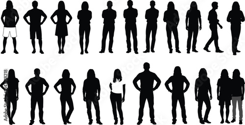 Standing people silhouettes collection, men and women casual poses from front and back views, black shadow human figures set, anonymous lifestyle vector illustration
