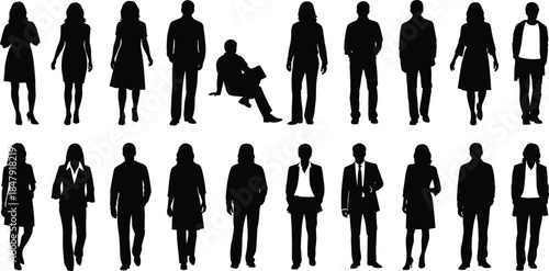 Standing and walking people silhouettes collection, men and women business casual figures, black shadow characters set, diverse anonymous human poses vector illustration