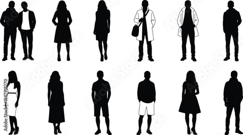 Standing people silhouettes collection, men and women figures, casual and business poses, black shadow characters set, isolated human illustration vector