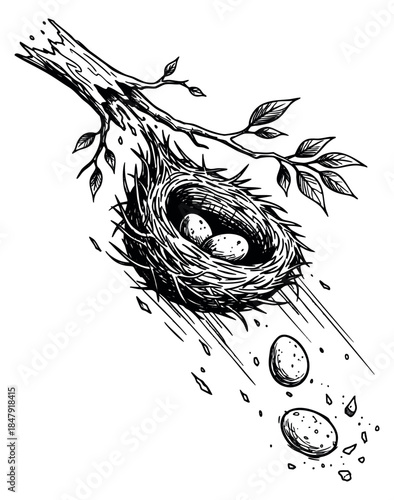 Vintage bird nest set with eggs and falling shells black and white line art