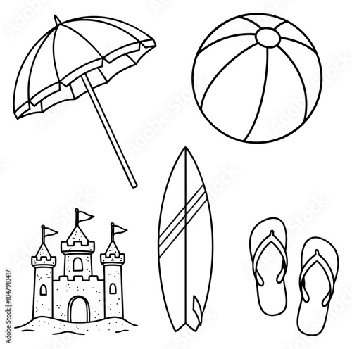 Simple beach icon set with umbrella, ball, sandcastle, surfboard and flip flops black and white line art