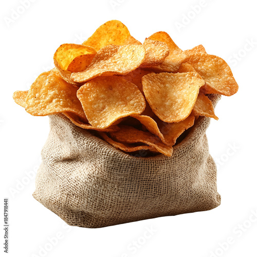 Potato chips in a sack snack food light brown isolated