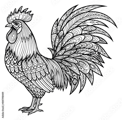 Ornate rooster illustration with detailed feathers hand drawn outline illustration