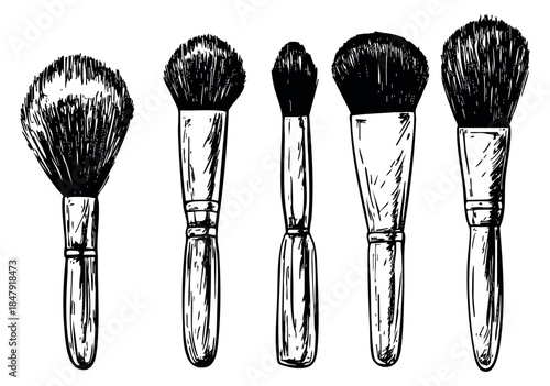 Hand drawn makeup brush set with powder and blush brushes black and white line art
