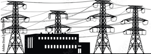 Black silhouette of a power plant building with multiple high voltage electricity pylons and wires energy