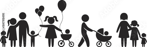 Black and white icons of families with children and strollers on white background family silhouettes