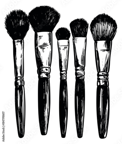 Vintage makeup brush set with powder and blending brushes hand drawn sketch