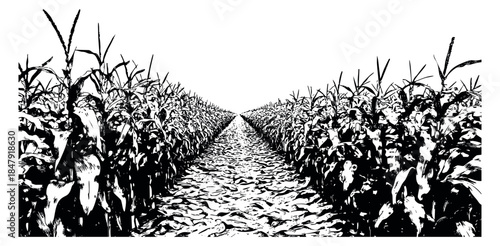 Minimal cornfield set with dirt path black and white line art