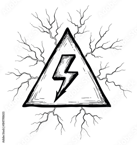 Hand drawn high voltage warning icon with lightning bolt and electric sparks